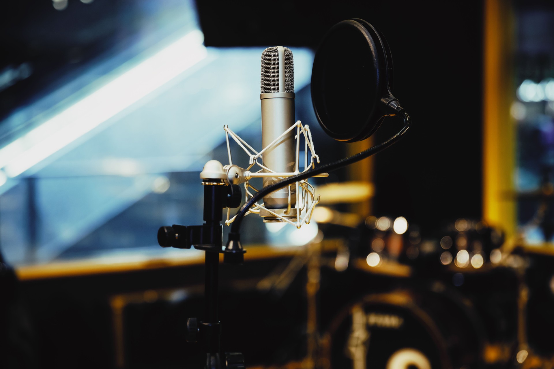 Microphone in radio station broadcasting studio,2017